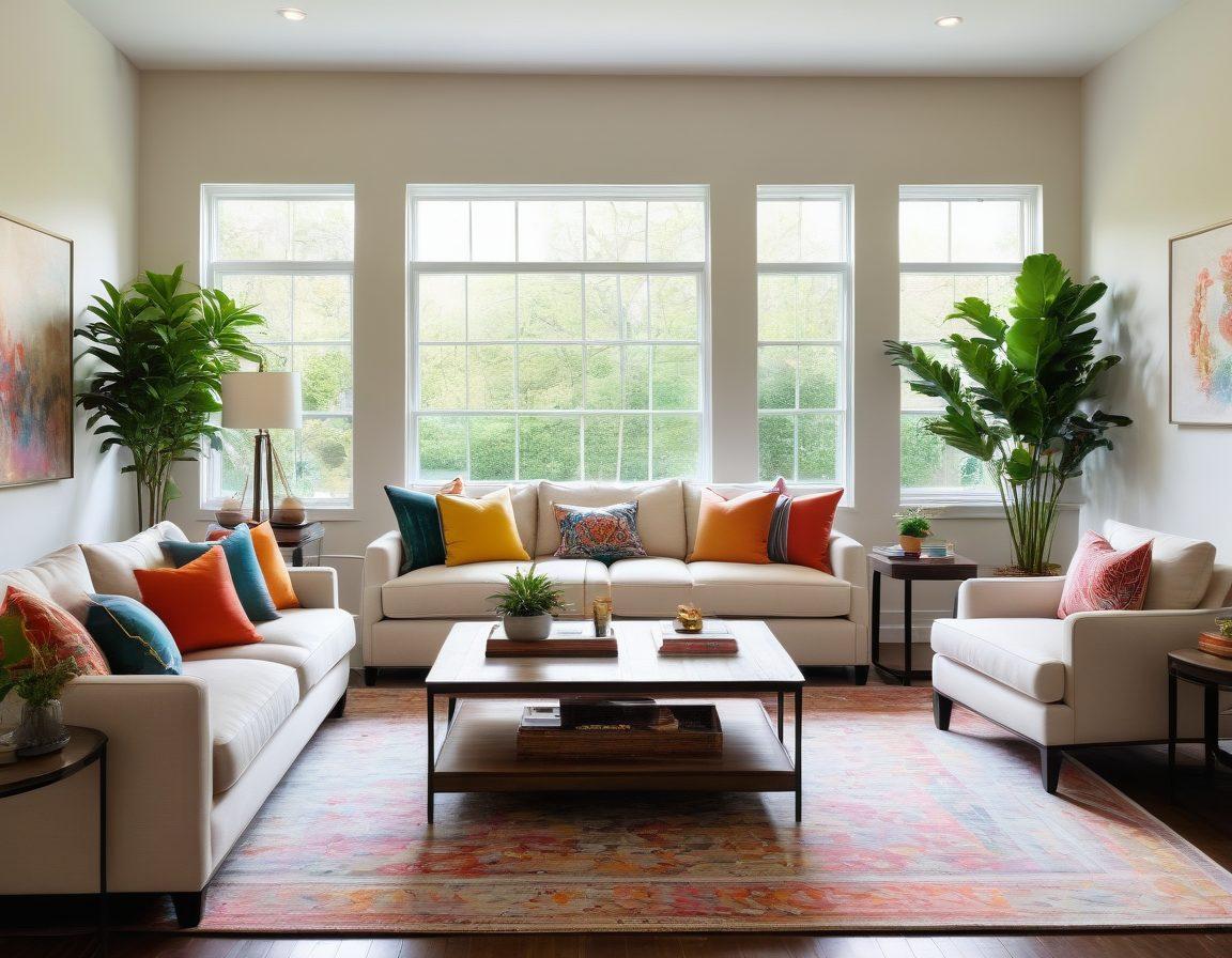 A modern living room showcasing a blend of elegant design and cozy comfort, featuring a stylish sofa, indoor plants, and natural light streaming through large windows. Include before-and-after renovation elements subtly displayed on the side, showcasing a transformation. Use a soothing color palette with vibrant accents to inspire creativity in homeowners. super-realistic. vibrant colors. soft lighting.