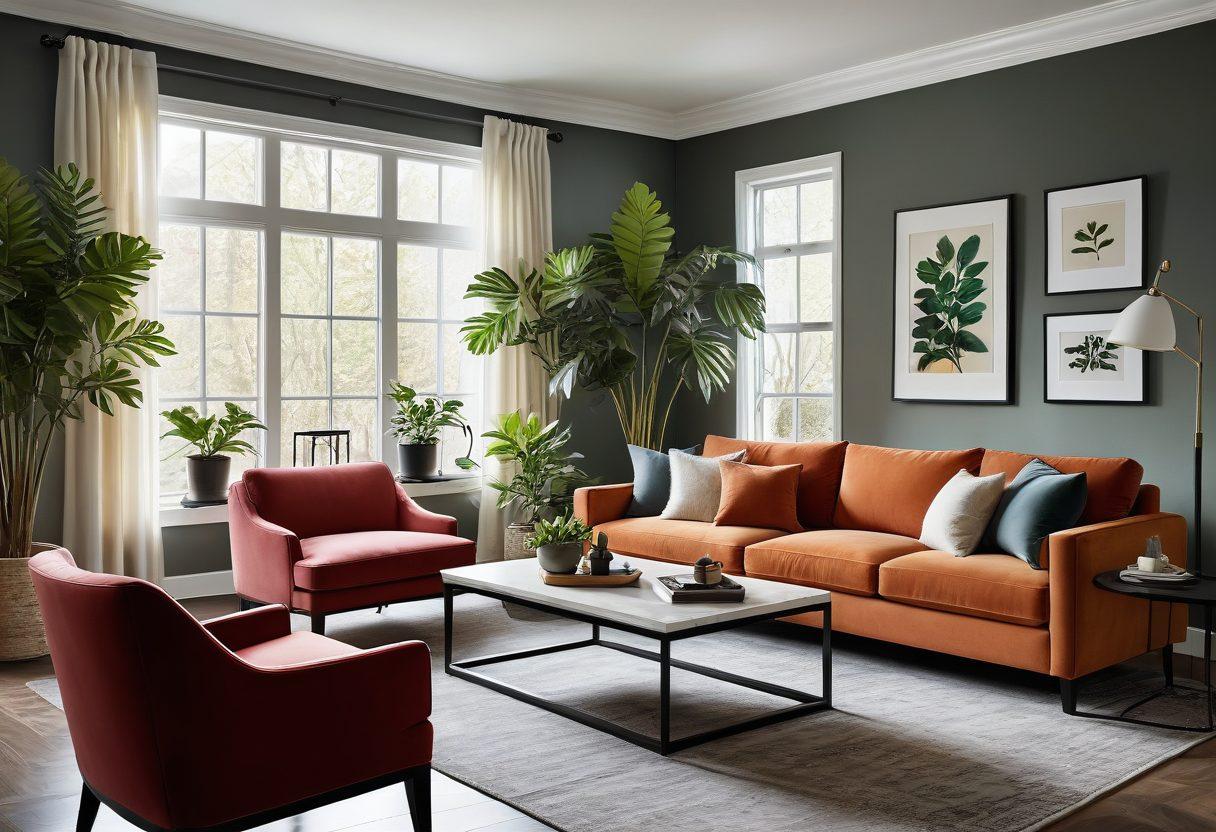 A beautifully designed home interior showcasing a cozy living room with elegant furniture, vibrant houseplants, and artistic wall decor. Incorporate elements of natural light streaming through large windows, and a well-organized workspace nearby. Include a layout that conveys warmth and comfort, symbolizing transformative strategies for homeowners. super-realistic. vibrant colors. natural lighting.